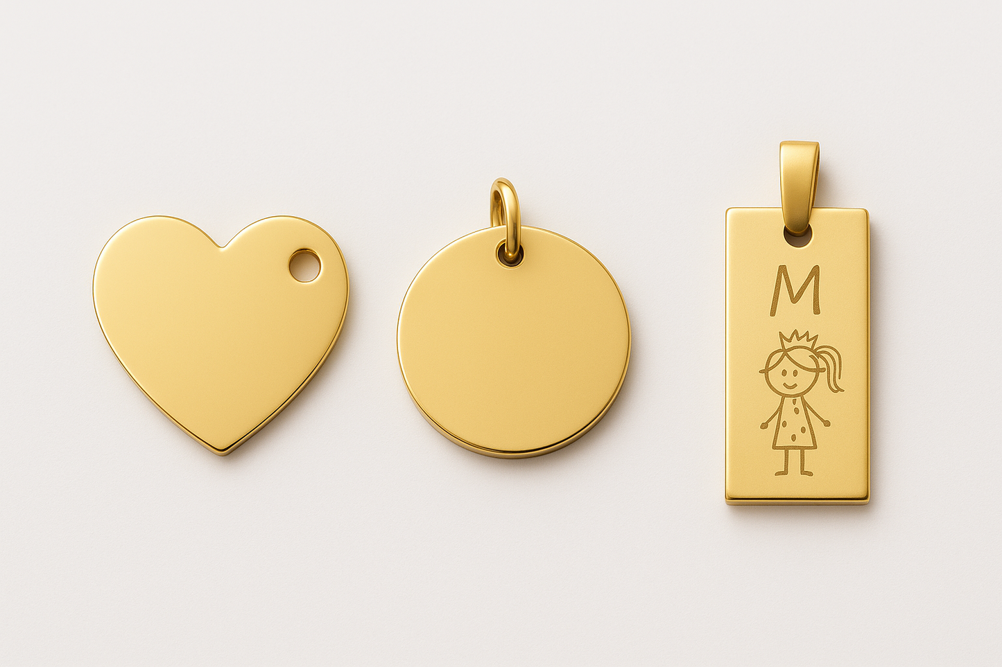 Three gold tags - heart, circle, and rectangle