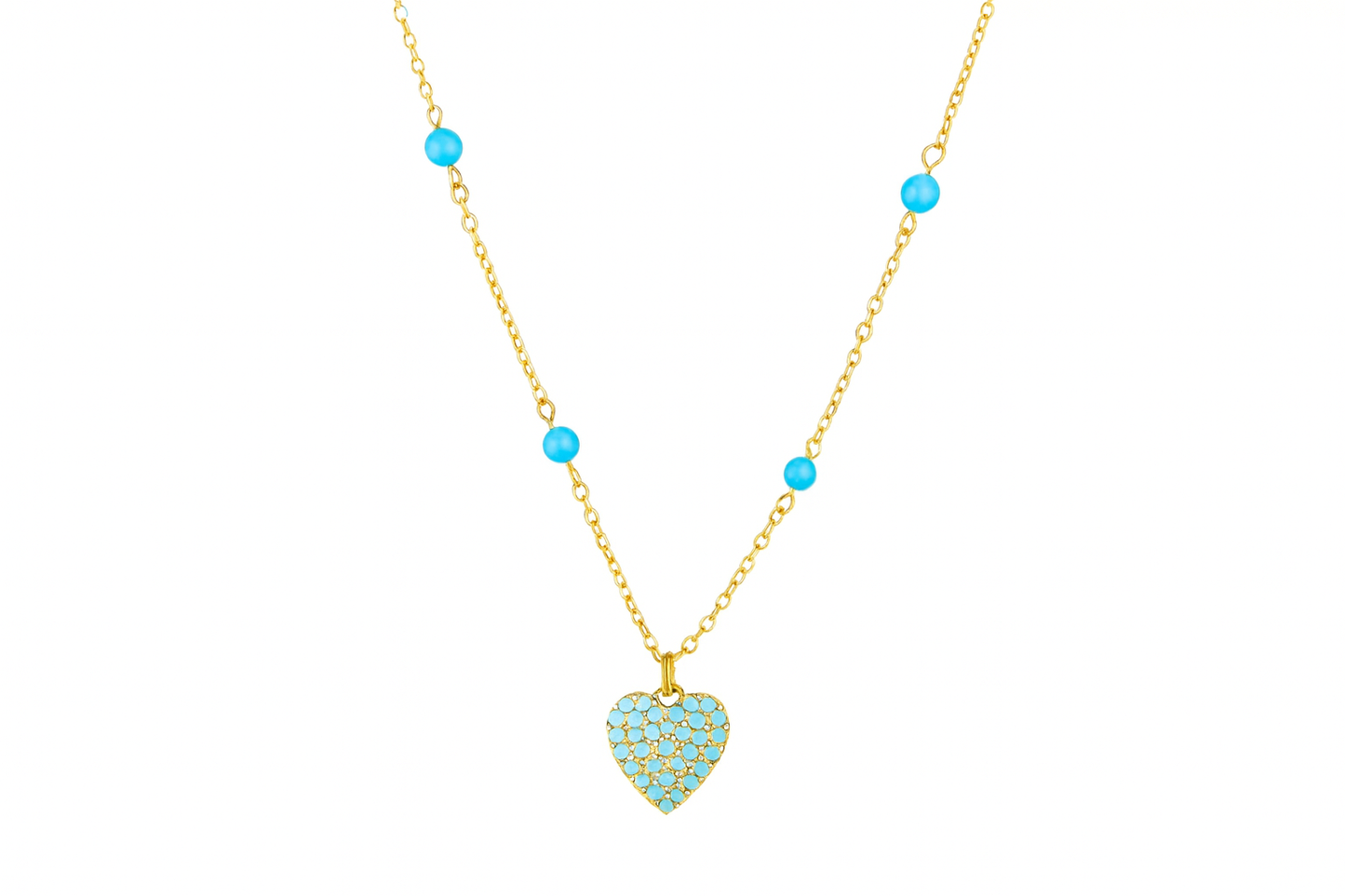 Turquoise heart necklace on white background