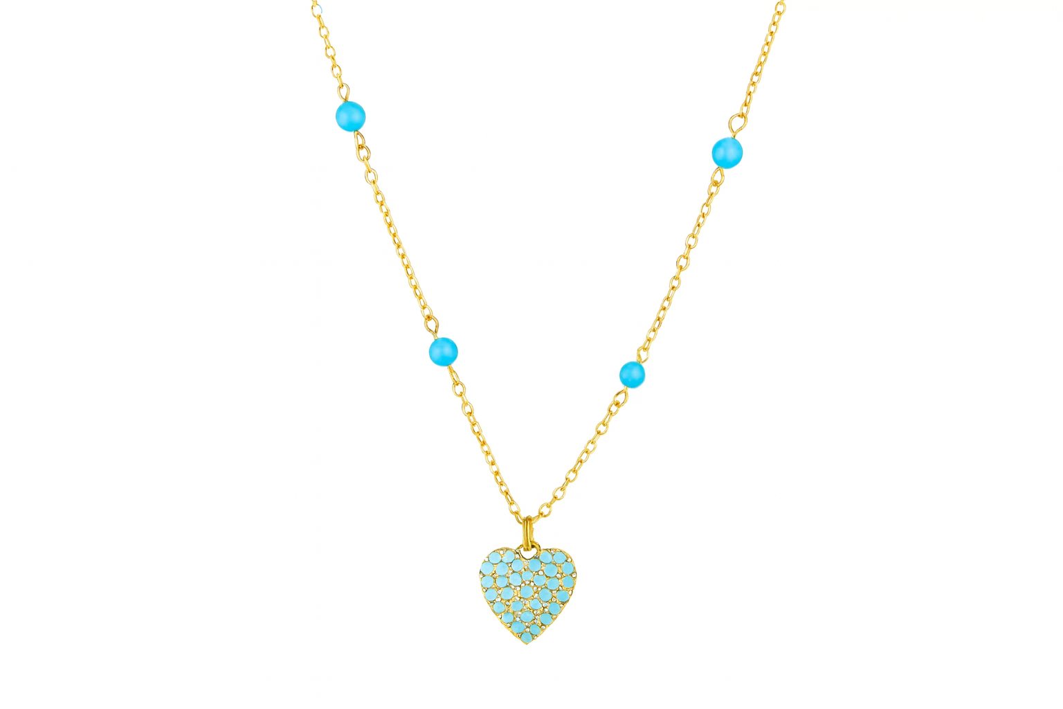 Turquoise heart necklace on white background