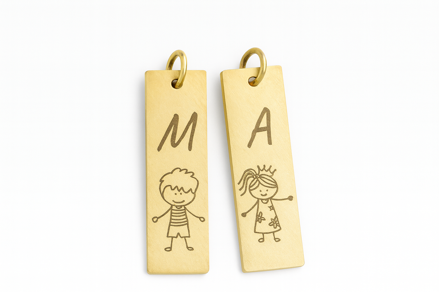 Two gold rectangular tags on white background