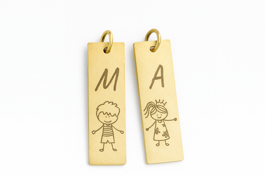Two gold rectangular tags on white background